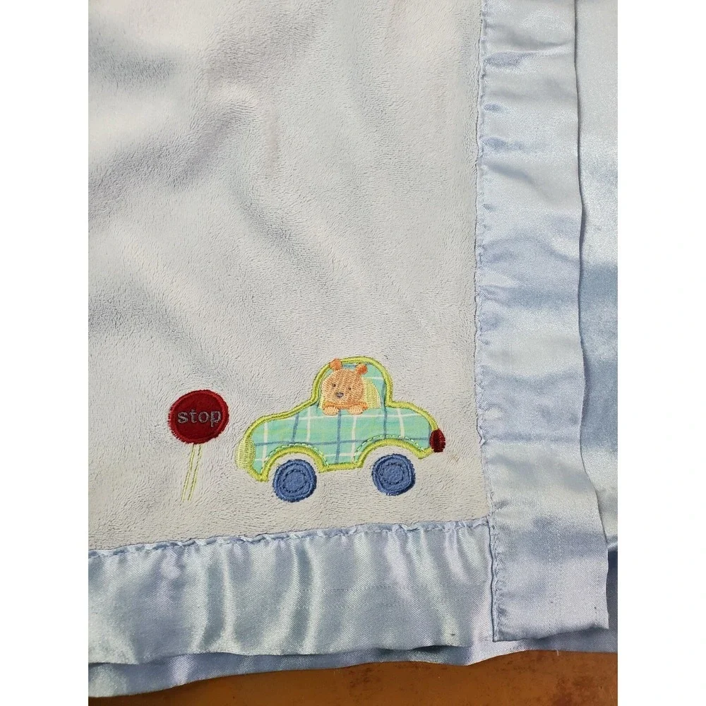 Carters Car Stop Sign Blue Baby Blanket Satin Trim‎ Back